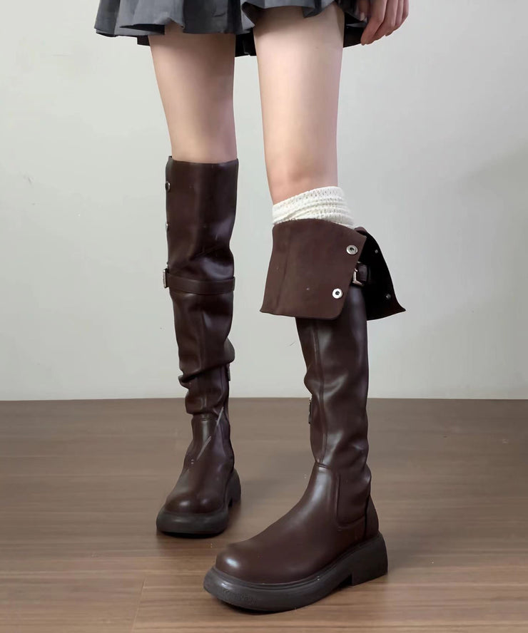 2025 New Versatile Brown Faux Leather Splicing Knee Boots