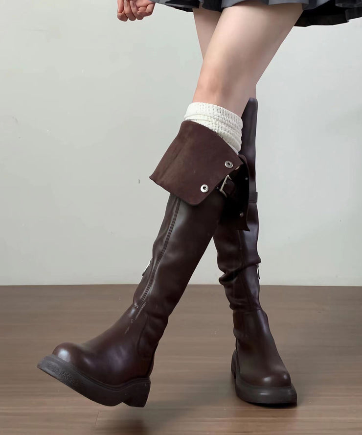 2025 New Versatile Brown Faux Leather Splicing Knee Boots