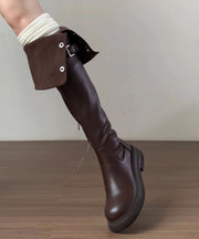 2025 New Versatile Brown Faux Leather Splicing Knee Boots