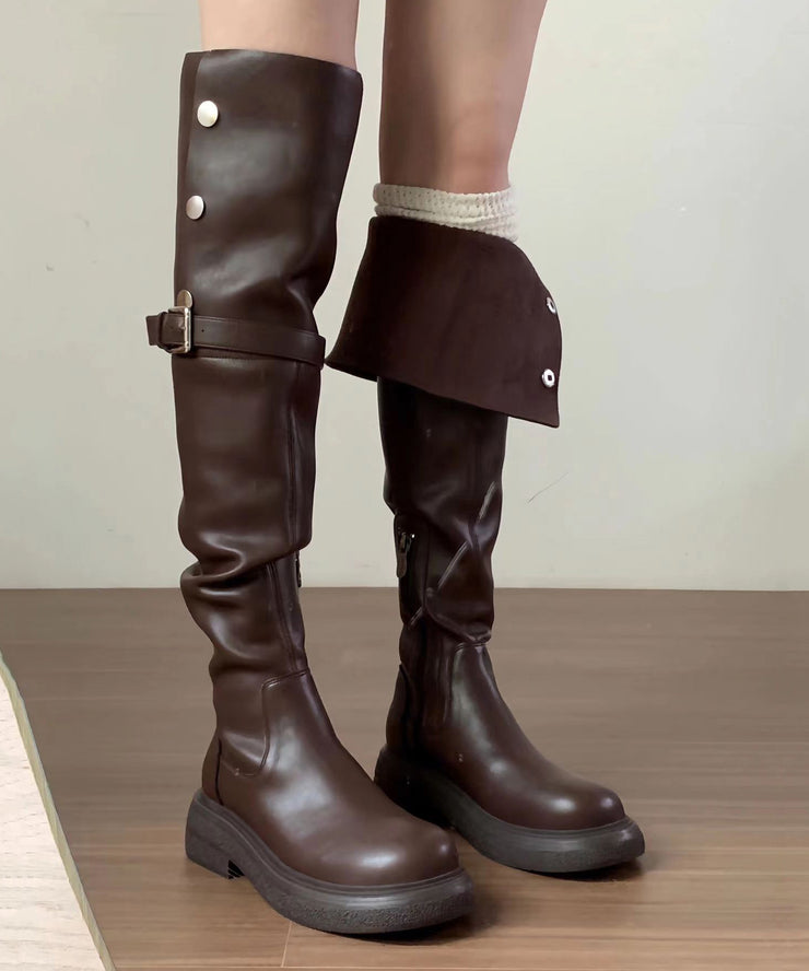 2025 New Versatile Brown Faux Leather Splicing Knee Boots