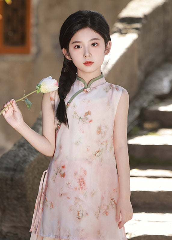 2025 Pink Stand Collar Print Kids Long Dresses Sleeveless