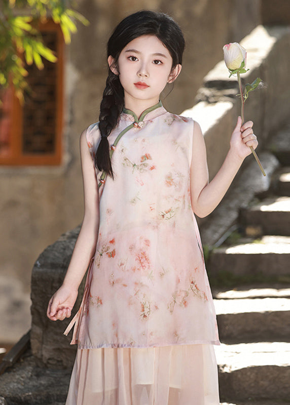 2025 Pink Stand Collar Print Kids Long Dresses Sleeveless