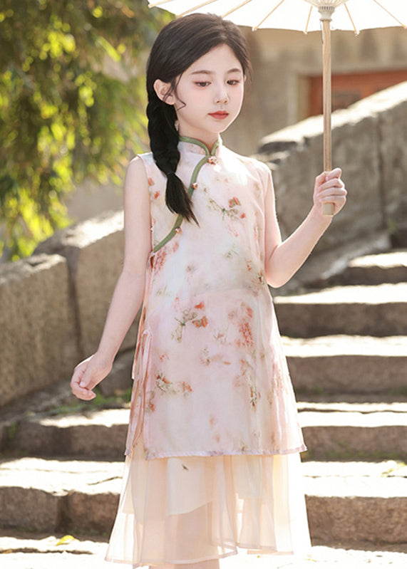 2025 Pink Stand Collar Print Kids Long Dresses Sleeveless