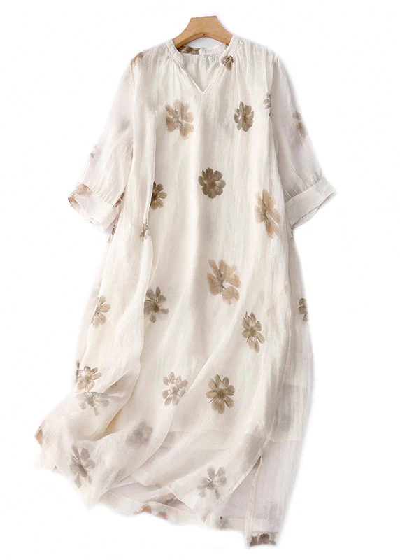 Grace Apricot V Neck Print Linen Long Dresses Summer