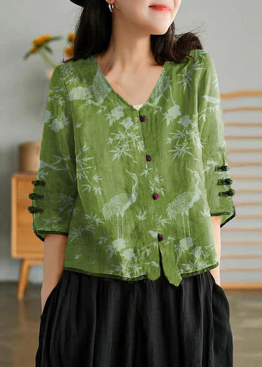 Women Green beads Casual Ramie Cardigan Embroidered Shirt
