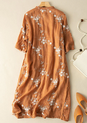 Grace Orange Embroidered Chinese Button Patchwork Linen Dress Summer