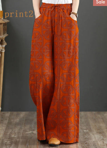 Orange Elastic Waist Linen Straight Pants Solid Color Drawstring Summer