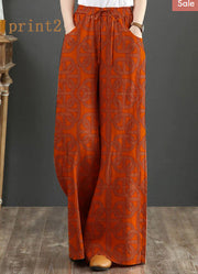 Orange-print3 Elastic Waist Linen Straight Pants Solid Color Drawstring Summer