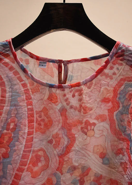 Grace Red O-Neck Ruffled Print Chiffon Shirt Top Short Sleeve