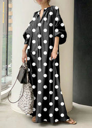 Bohemian Black polka dots V Neck Oversized Long Dresses Lantern Sleeve