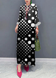 Black polka dots Stand Collar Silk Velvet Maxi Dresses Fall