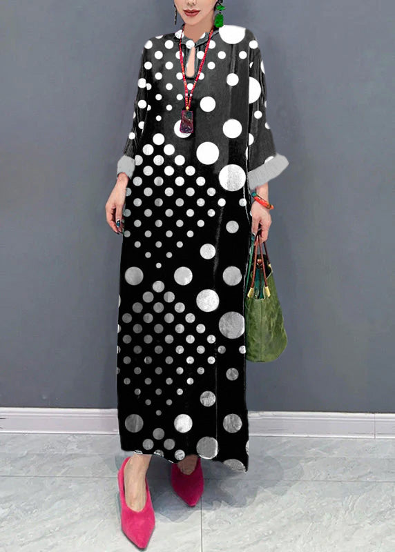 Black polka dots Stand Collar Silk Velvet Maxi Dresses Fall