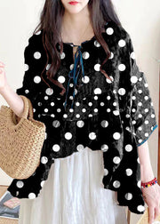 Organic Black polka dots Ruffled Print Lace Up Cotton Shirts Half Sleeve