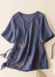 Grace Light Blue V Neck Embroideried Tie Waist Cotton Linen Top Short Sleeve