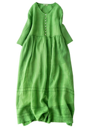 Grace Green V Neck Solid Linen Long Dress Bracelet Sleeve