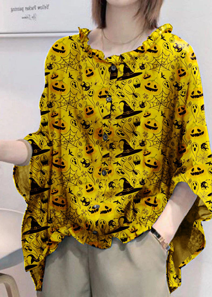 Art Checkered Pumpkin Tops Ruffles Trim Half Sleeve Shirts Blouse Plus Size