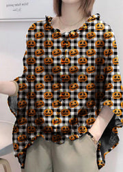 Art Checkered Pumpkin Tops Ruffles Trim Half Sleeve Shirts Blouse Plus Size