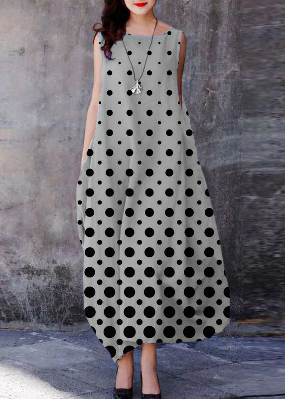 Bohemian Black polka dots O-Neck Exra Large Hem Cotton Dresses Sleeveless