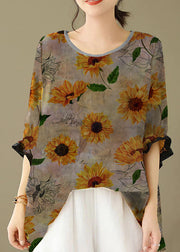 Grey-sunflower Print Patchwork Cotton Loose Tops O Neck Summer