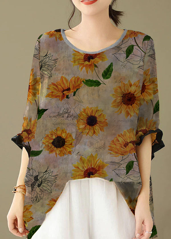 Purple flower Print Patchwork Cotton Loose Tops O Neck Summer