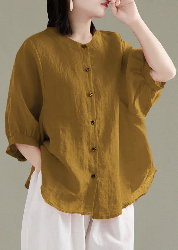 Art Green O-Neck Button Linen Loose Shirt Top Lantern Sleeve