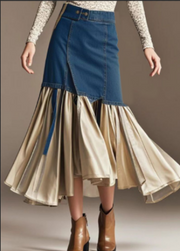 Champagne Patchwork Denim Wraped Skirts Wrinkled Fall