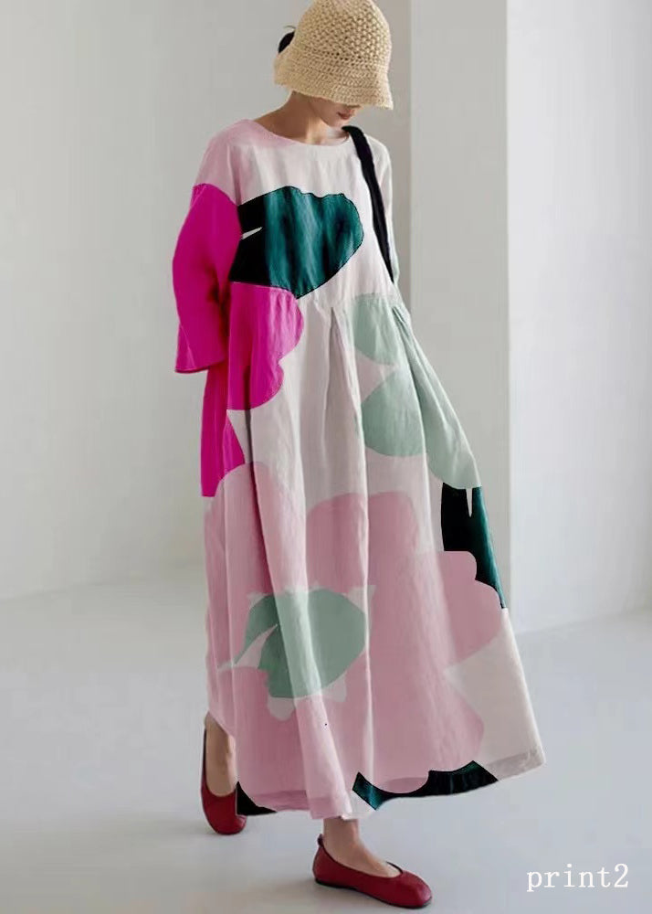 2024 Rainbow Print Cotton Dresses Pockets Patchwork Spring