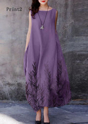 Bohemian Purple O-Neck Exra Large Hem Cotton Dresses Sleeveless