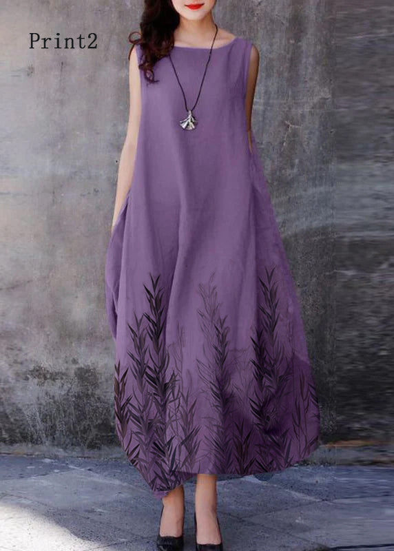 Bohemian Purple O-Neck Exra Large Hem Cotton Dresses Sleeveless