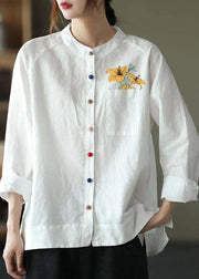 Modern White-floral2 Loose Patchwork Pockets Fall Long Sleeve Blouse Top