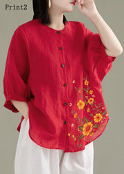 Art Red-print2 O-Neck Button Linen Loose Shirt Top Lantern Sleeve