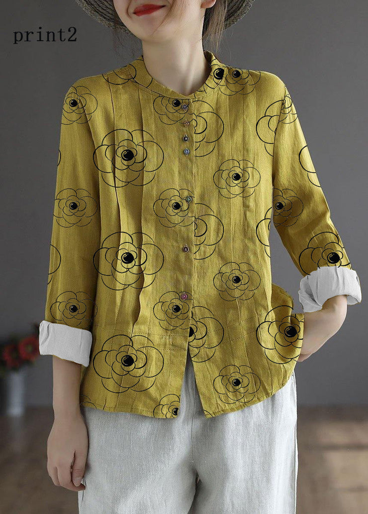 Women Yellow-striped patterns Elegant Button Fall Top Long Sleeve Linen