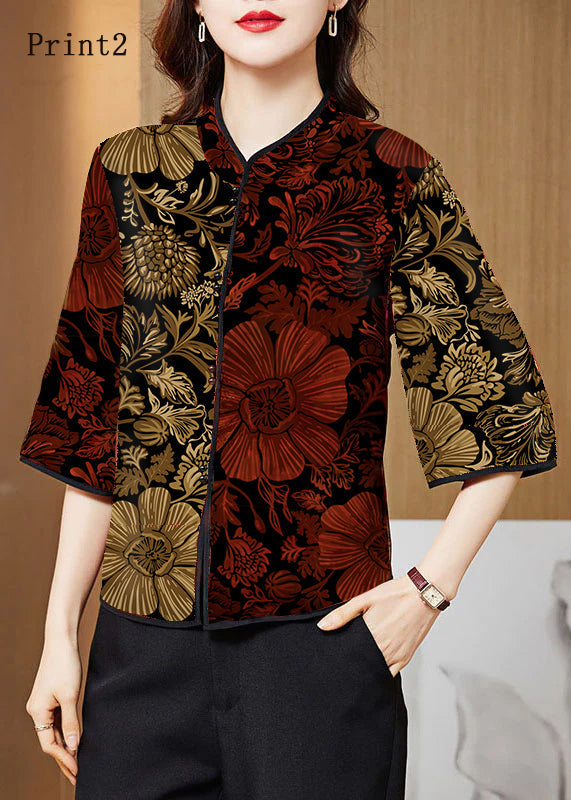 Vintage black Mandarin Collar Print Silk Shirt Tops Half Sleeve