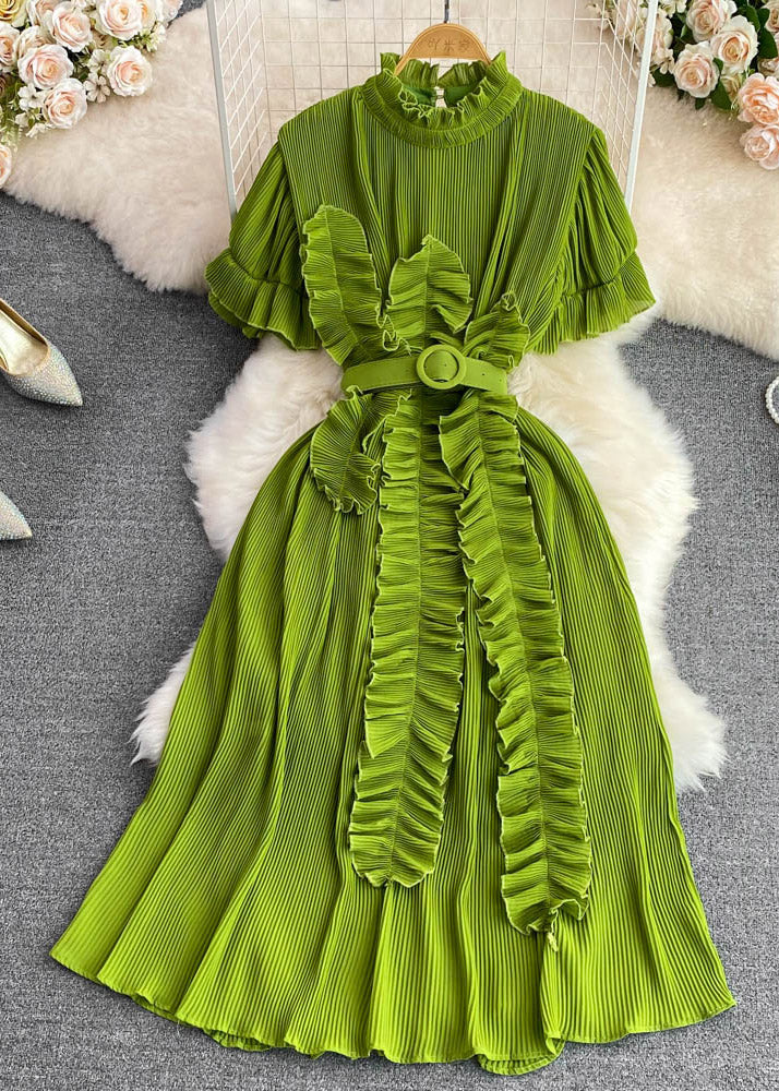 Grace Green Stand Collar Ruffled Maxi Dress Short Sleeve