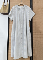 Grace Striped Ruffled Button Cotton Shirt Dress Summer