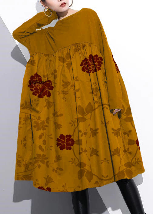 Elegant Cinched o neck Cotton clothes For Women Tutorials  Yellow chrysanthemum Dresses