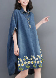 Loose Blue-sunflower Button Side Open Maxi Denim Dress Summer