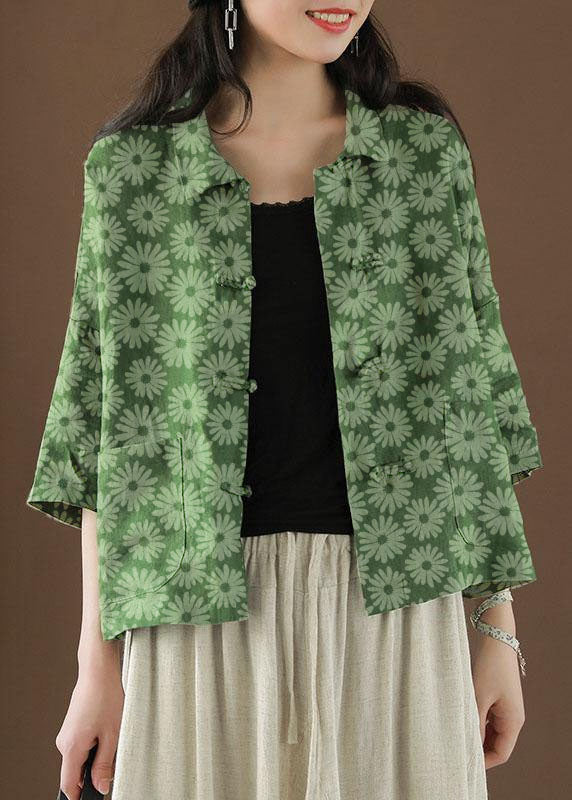 Beautiful Green-big print Peter Pan Collar Pockets Summer Linen top
