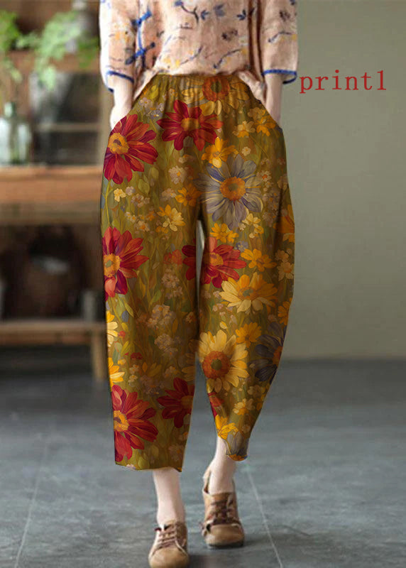 Natural Brown-Leaves Elastic Waist Summer Linen Harem Pants