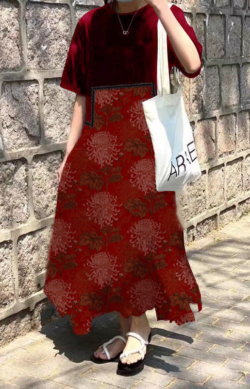 Fashion red print O-Neck Asymmetrical Plaid mosaic dress