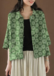 Beautiful Green-animal Peter Pan Collar Pockets Summer Linen top