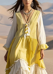 Handmade Yellow Ruffled Patchwork Cotton Long Dress Spring