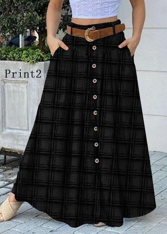 Women Solid Color Print1 Bottom Front Loose Casual Long Skirt With Pocket