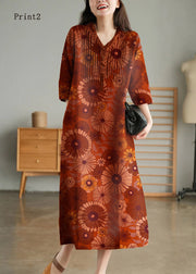 White Print8 Loose Linen Long Dresses Button Solid Half Sleeve
