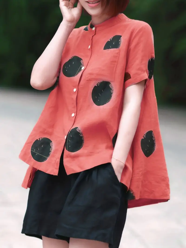 Yellow Dot Print Patchwork Linen Top Button Stand Collar Summer