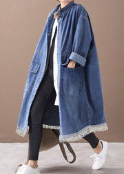 French Denim Blue Plus Size Box Coat Mantel mit Kordelzug und Stehkragen