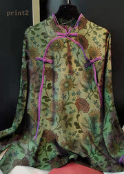 Elegant Green-Print4 Stand Collar Patchwork Jacquard side open Silk Shirts Long Sleeved