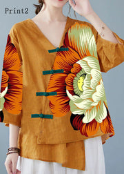 Yellow-Print2 Button Shirt Tops Asymmetrical Half Sleeve