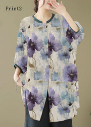 Print6 Linen Shirt Dresses O-Neck Oversized Lantern Sleeve