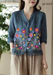 Casual Blue-print2 V Neck Embroideried Solid Ramie Shirt Half Sleeve